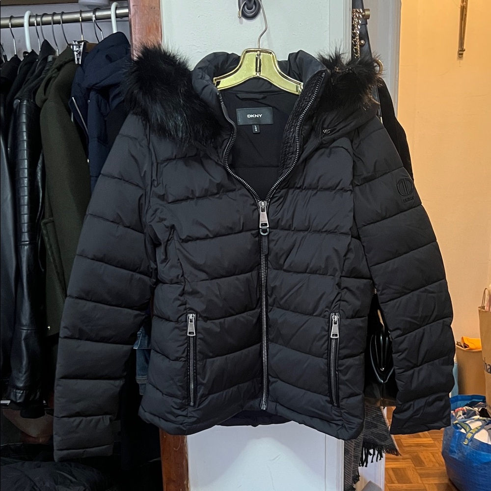 DKNY Quilted Black Jacket with Faux Fur Trim